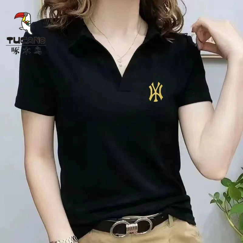 啄木鸟夏季薄款短袖T恤POLO领2025年新款女洋气减龄显瘦刺绣上衣