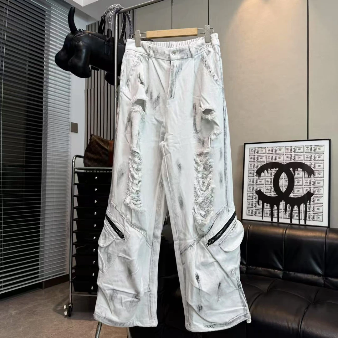 LIN美人女装杂货铺  时尚宽松洗水破洞脏脏款显瘦牛仔裤