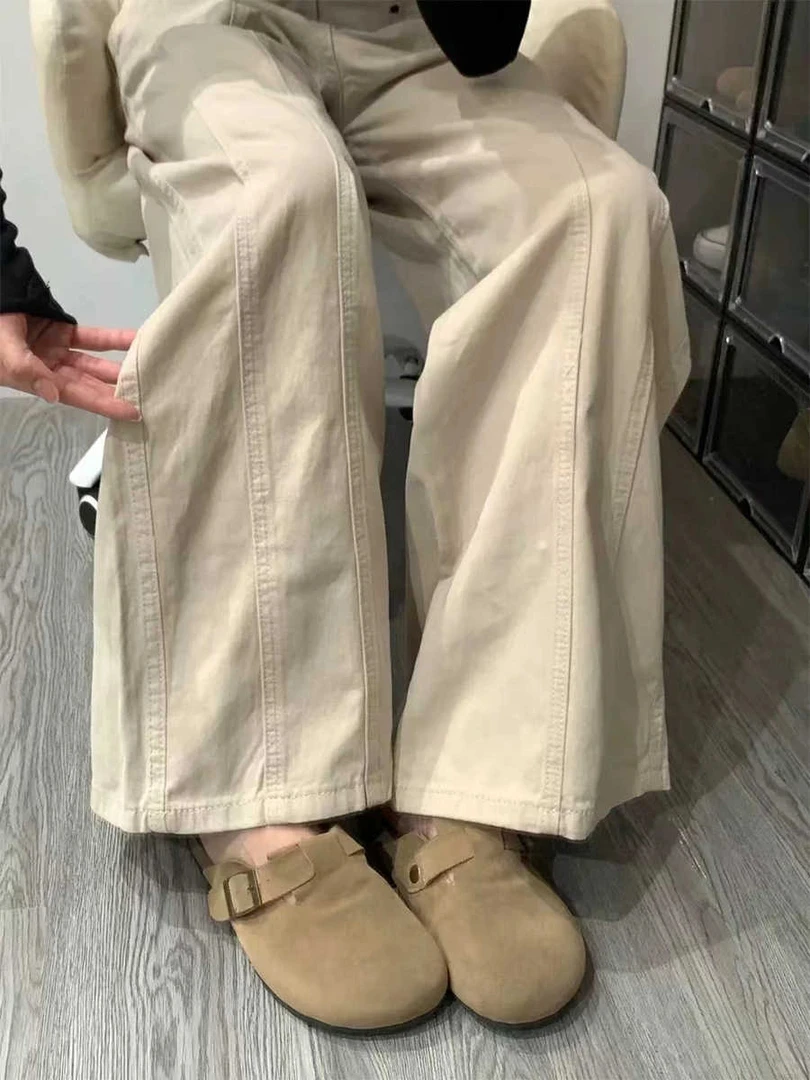 美式高腰米杏色工装牛仔裤女春季2025新款宽松显瘦垂感阔腿拖地裤