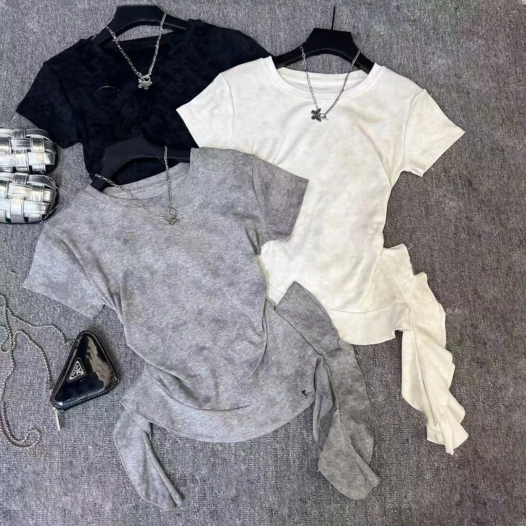 扎染圆领荷叶边法式短袖T恤女夏季新款褶皱修身显瘦欧若风上衣女