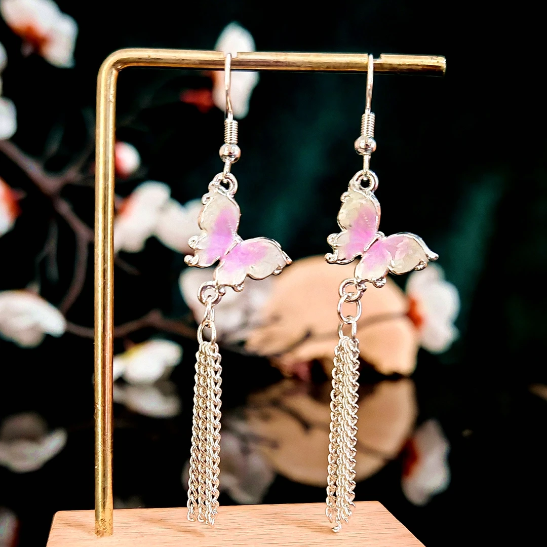 多吉米彩蝶垂烟复古新中式原创高级感耳环耳夹配汉服旗袍