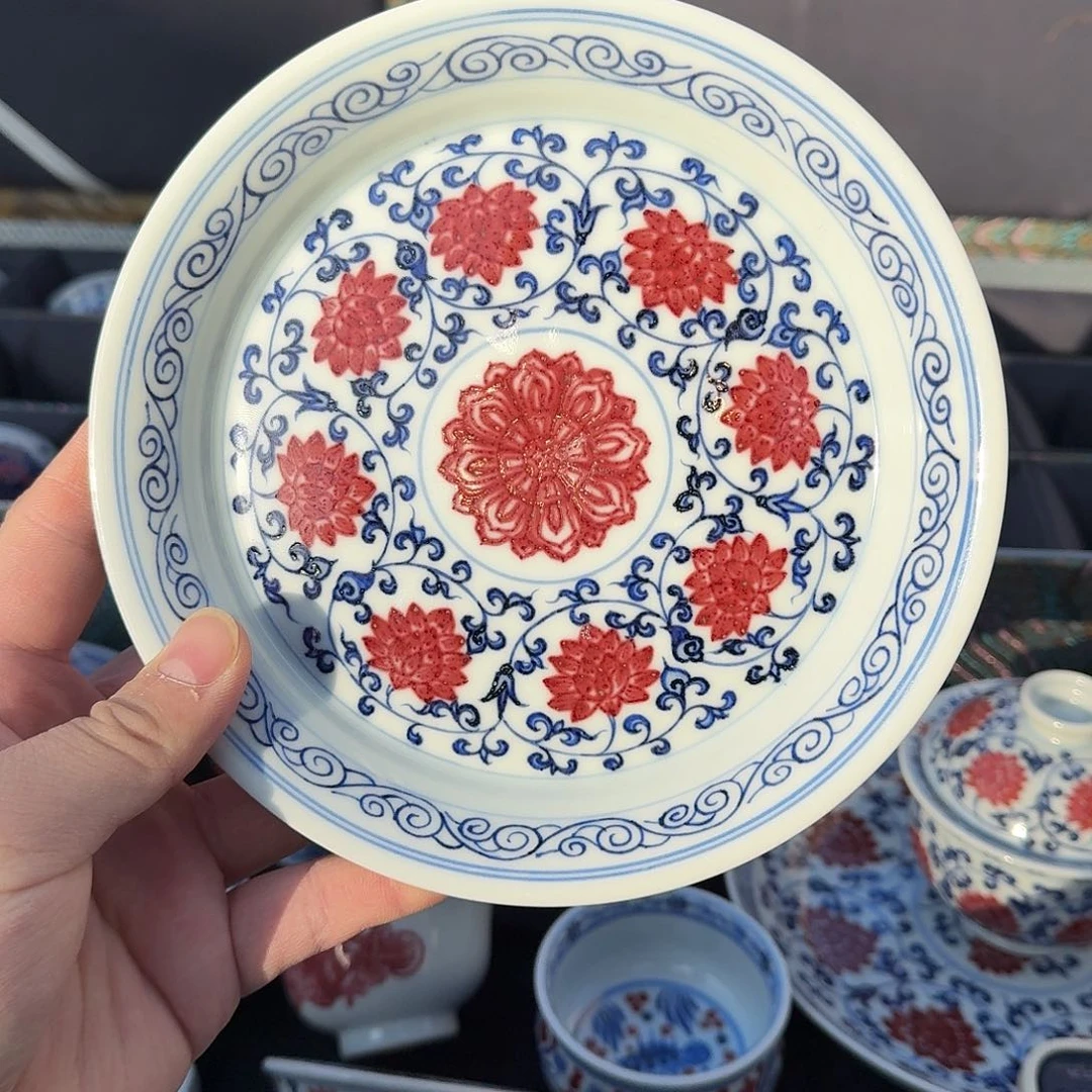 青花釉里红金刚莲壶承18cm底部缩釉微瑕