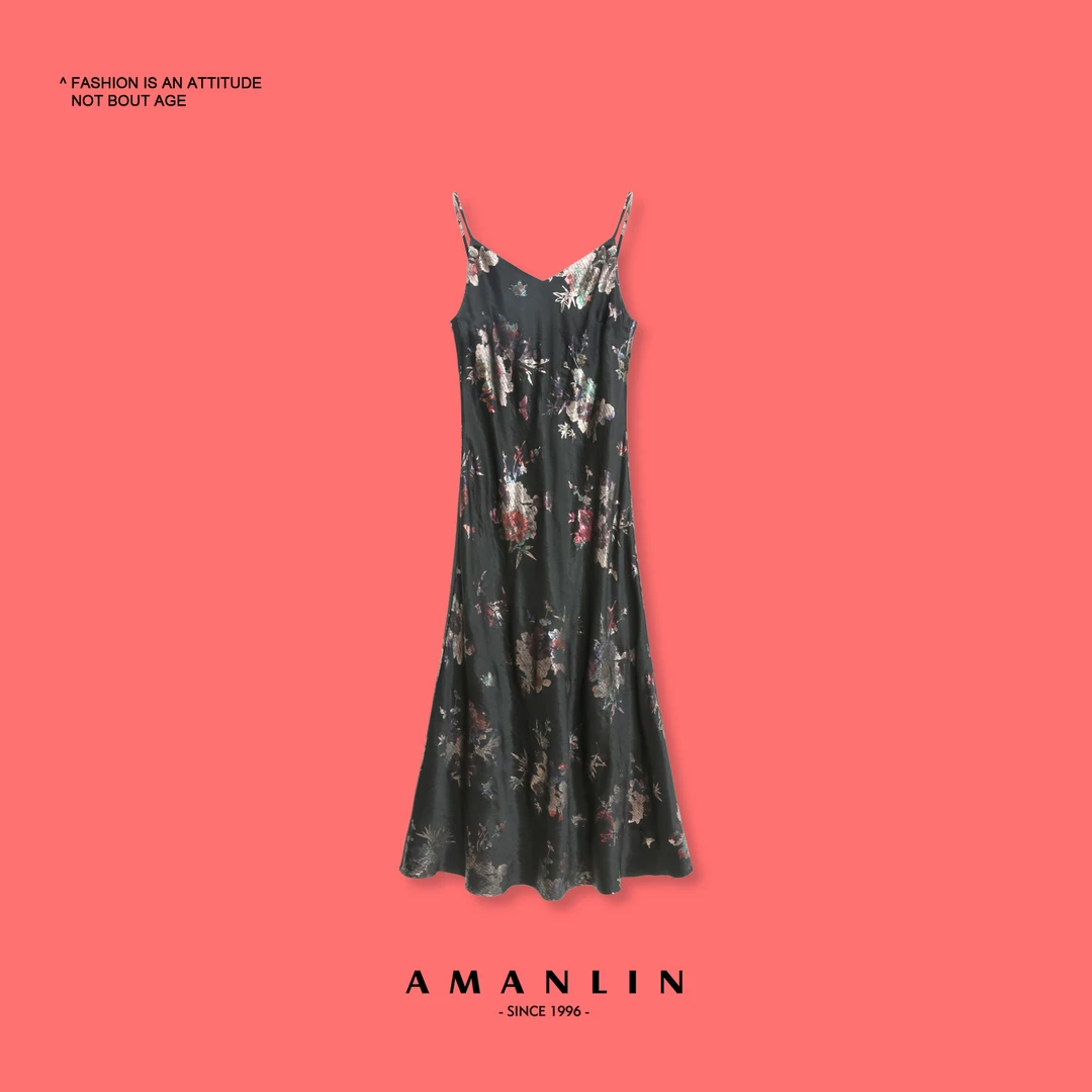 【AMANLIN】新中式新款V领提花无袖吊带连衣裙HG00208