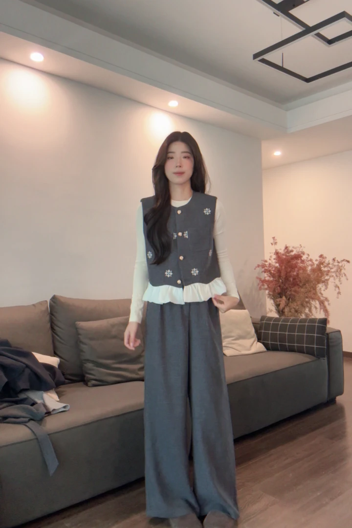 Y558819-法式套装女士早秋新款气质绣花花边马甲衬衫阔腿裤三件套