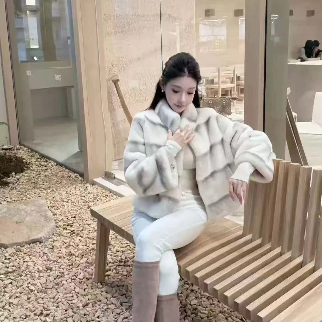 雪山晕染仿獭兔毛毛双色渐变手工渲染高级感宽松外套女短款立领冬