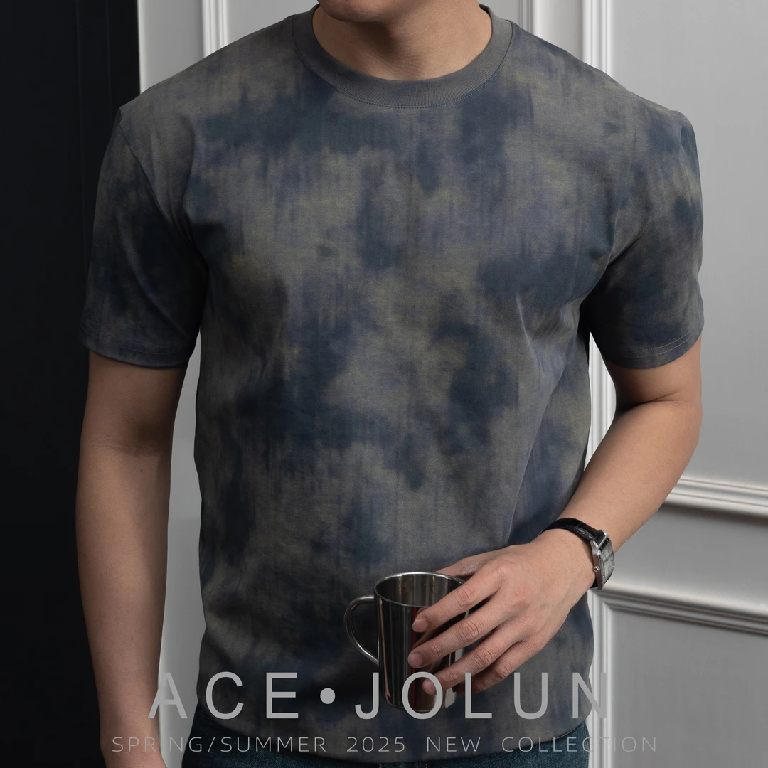 【灰蓝扎染】高奢棉感圆领短袖T恤春夏男士设计师款透气简约上衣