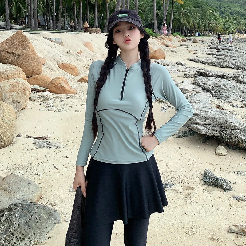 新款分体泳衣女长袖长裤防晒显瘦遮肚潜水服学生泳装