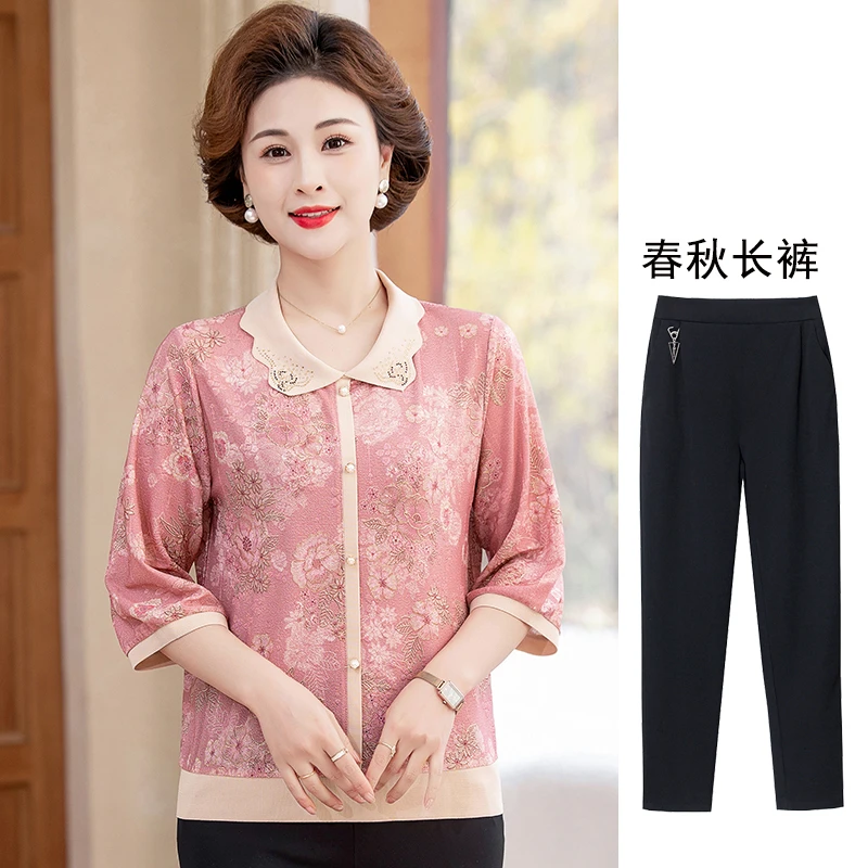 妈妈春季新款七分袖上衣中老年女士春夏翻领弹力宽松小衫中袖T恤