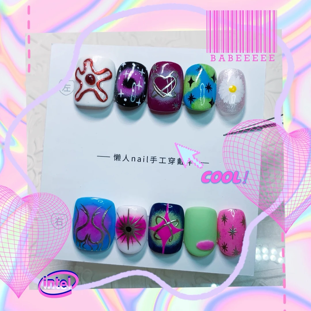 原宿风Y2K千禧辣妹美甲贴片欧美手工穿戴甲ins小众日系手绘可拆卸