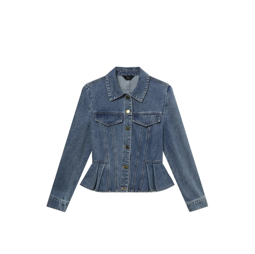 洋气收腰蓝色荷叶边衬衫牛仔外套女2025春新款轻奢高级感减龄上衣