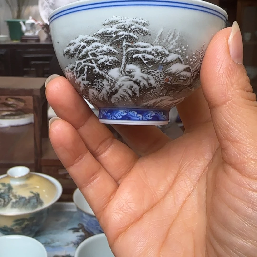 老*粉彩雪景手工手绘