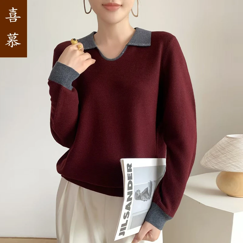 翻领长袖上衣针织衫女2025新款妈妈秋装洋气polo宽松毛衣打底小衫