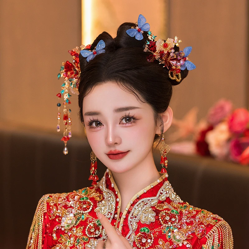 GZ568秀禾头饰新中式简约大气红蓝蝴蝶新娘结婚秀禾服龙凤褂头饰