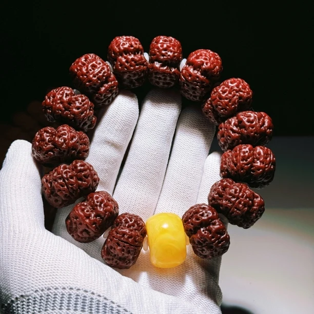 F66-夹板大金刚玉化牛津红五瓣金刚菩提手串文玩