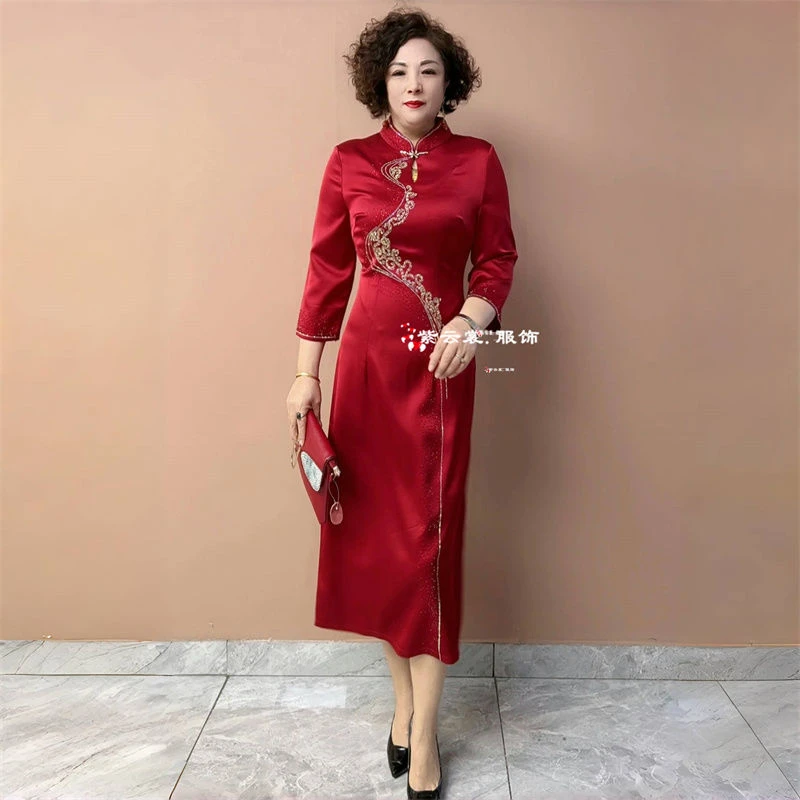 高端妈妈装婚宴礼服旗袍喜婆婆婚礼喜服敬酒服大码长款连衣裙