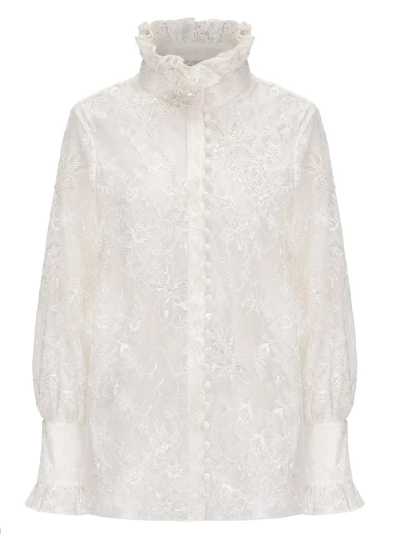 【周也春晚同款】JUNYANG杨君 凝脂色古典荷叶边蕾丝衬衣时尚