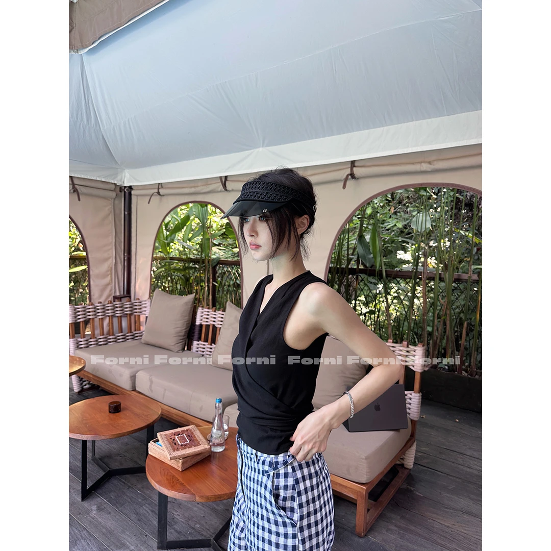 FORNI 港式绅装 都市老钱交叉围裹式绑带无袖V领上衣