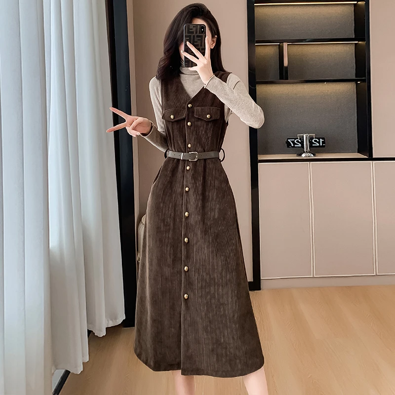 【赠送腰带】美拉德穿搭背带连衣裙两件套女漂亮套装裙子6131