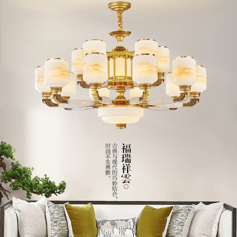 新中式玉石锌合金客厅吊灯别墅餐厅中国风禅意大气大厅灯中山新款