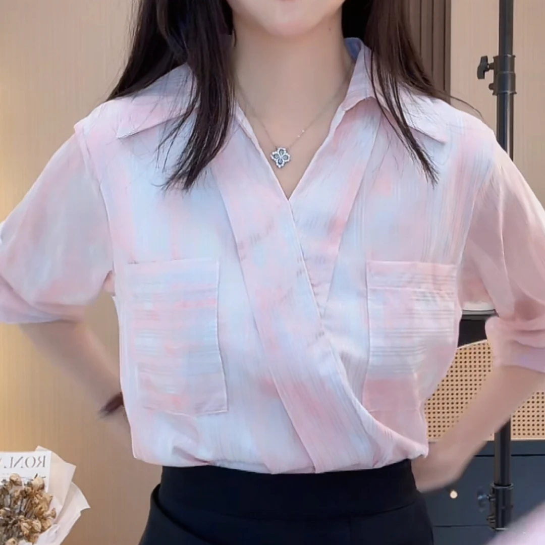 【589粉】半开领条纹中袖时尚洋气宽松显瘦夏季衬衫女