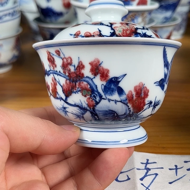 青花釉里红花鸟盖碗
