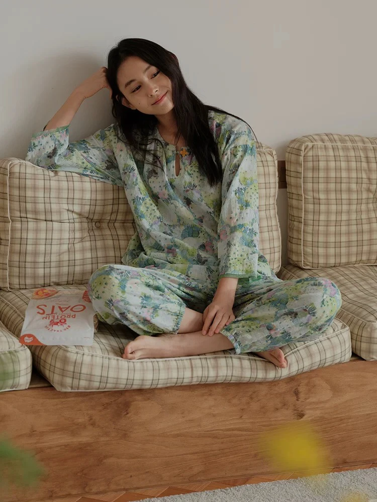 朵朵可可25春夏新款竹节棉圆领薄款印花七分袖套装251cz042