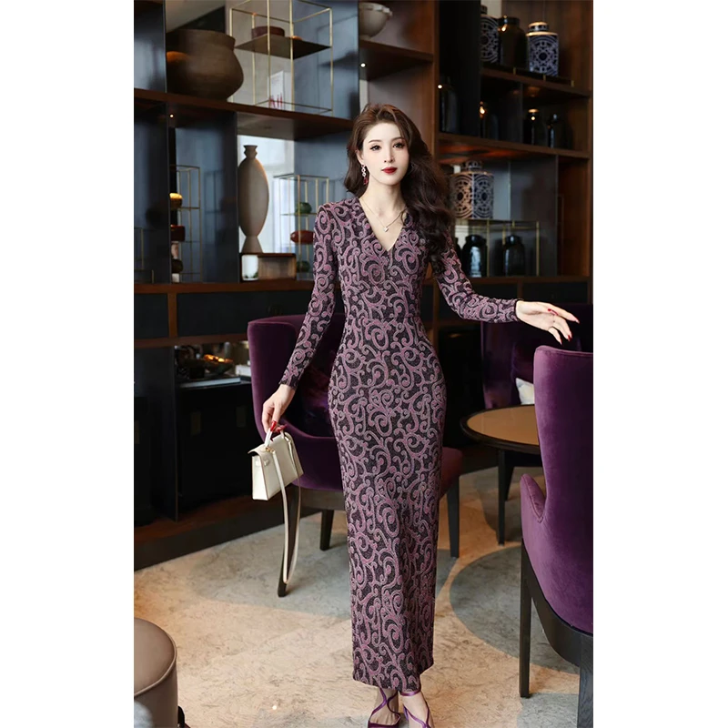 尤克菲儿 高定轻奢针织压胶印花裙高级气质优雅修身显瘦连衣裙