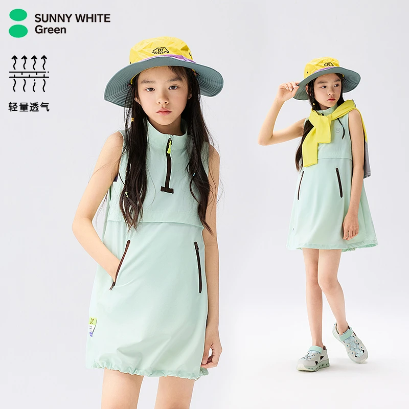 喜光绿标儿童连衣裙25夏新款女童无袖工装户外女孩防泼水裙子