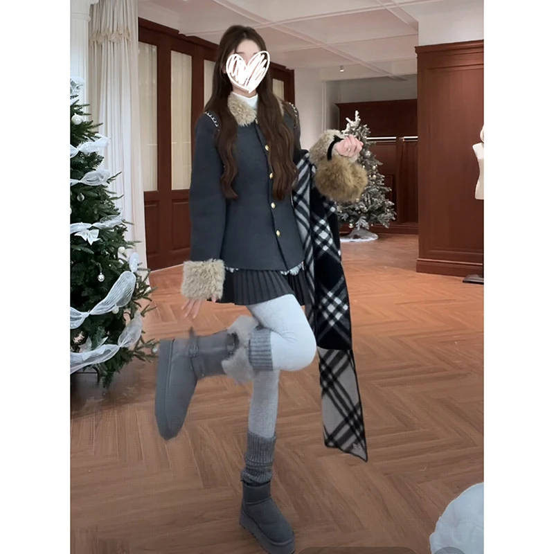 【京都雪雾】冬季小香风收腰娃娃领短款收腰外套/高腰百褶裙套装