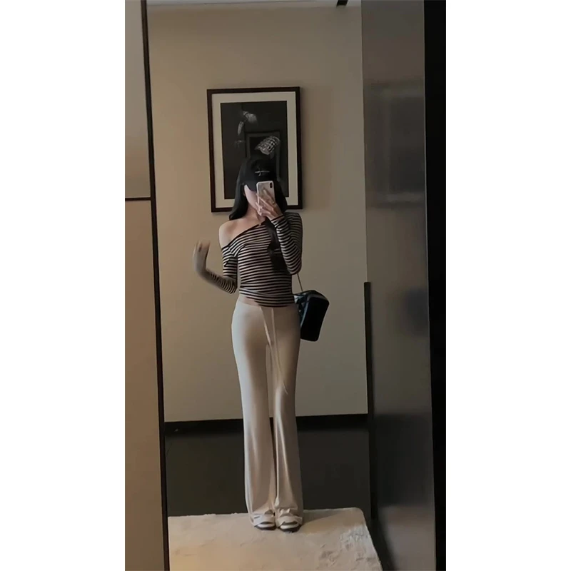纯欲斜肩黑白条纹T恤一字肩显瘦修身长袖上衣高腰抽绳微喇休闲裤