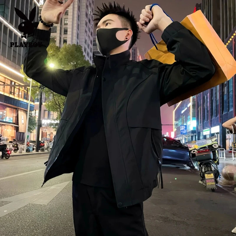 花花公子黑色外套男春秋季潮牌痞帅上衣服百搭休闲立领夹克高级感