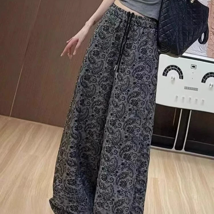 欧货碎花直筒裤长裤女2025夏季新款高腰休闲裤百搭宽松阔腿裤子女