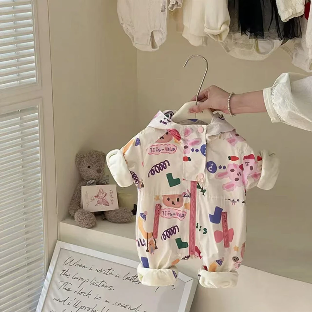 2025秋冬加绒韩版男女宝宝加绒外出服冲锋衣连帽洋气连体衣