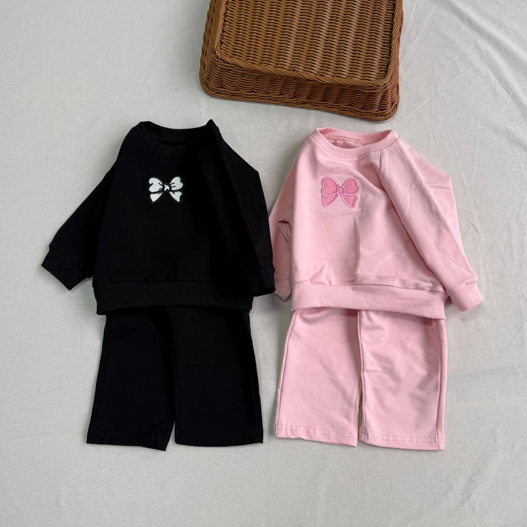 ins婴童新款春秋季时尚套装男女宝宝蝴蝶结刺绣宽松休闲卫衣两件