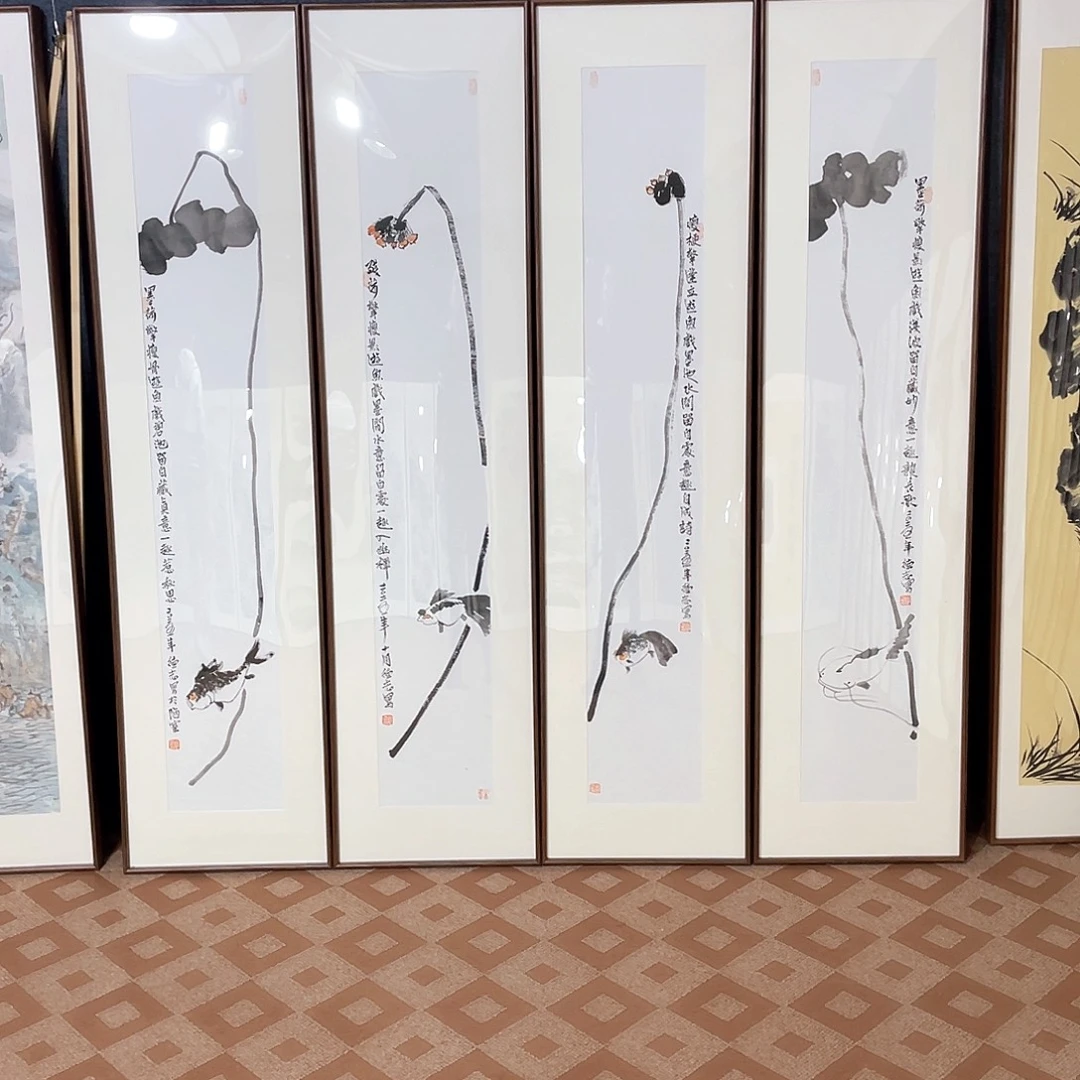 国画手绘画作品带框四条