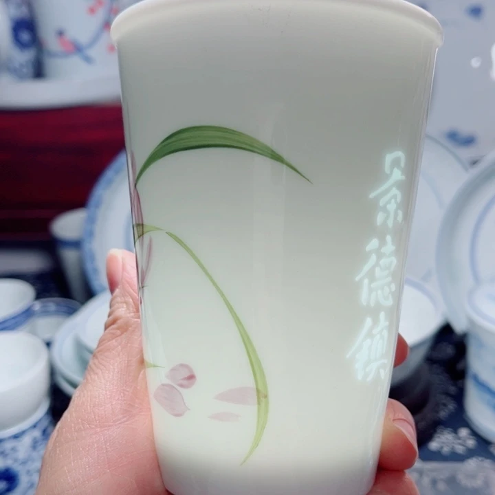青花玲珑手绘兰花可乐杯