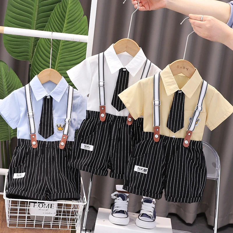 2025新款夏季短袖套装男童领带皇冠肩带裤上衣短裤两件套潮流