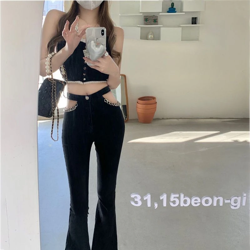 黑色镂空链条微喇牛仔裤女2025夏季新款高腰设计感垂感拖地长裤潮