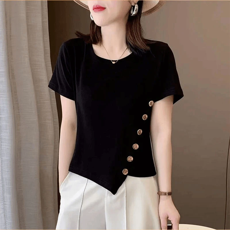 休闲设计感纽扣短袖t恤女2025年夏季新款韩版不规则短款修身上衣