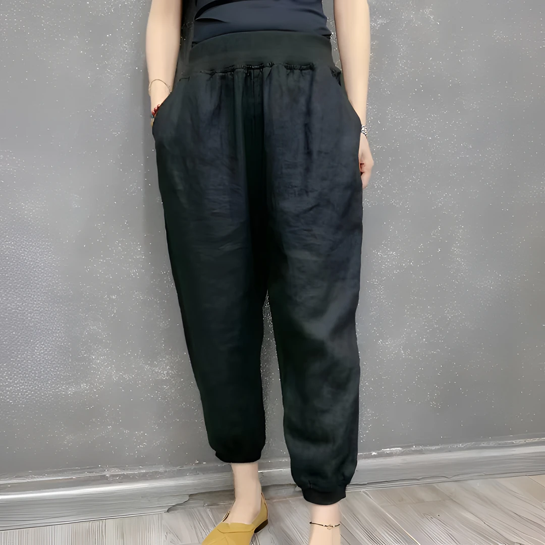 夏季薄款亚麻休闲裤女士高腰棉麻垂感哈伦裤显瘦小个子九分萝卜裤