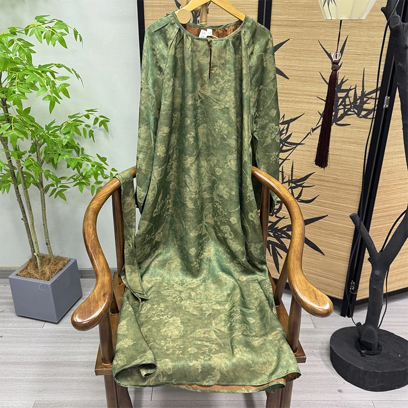 预锦丝韵100桑蚕丝26花罗草染绿花蝴蝶自然显瘦宽松流浪裙