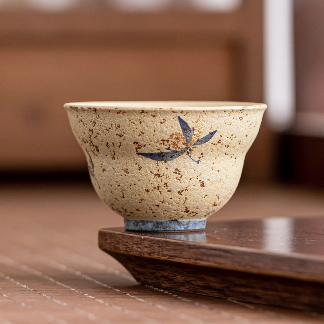 青花火石红葫芦杯陶瓷精致喝茶杯子描金蝴蝶品茗杯主人杯茶具茶盏