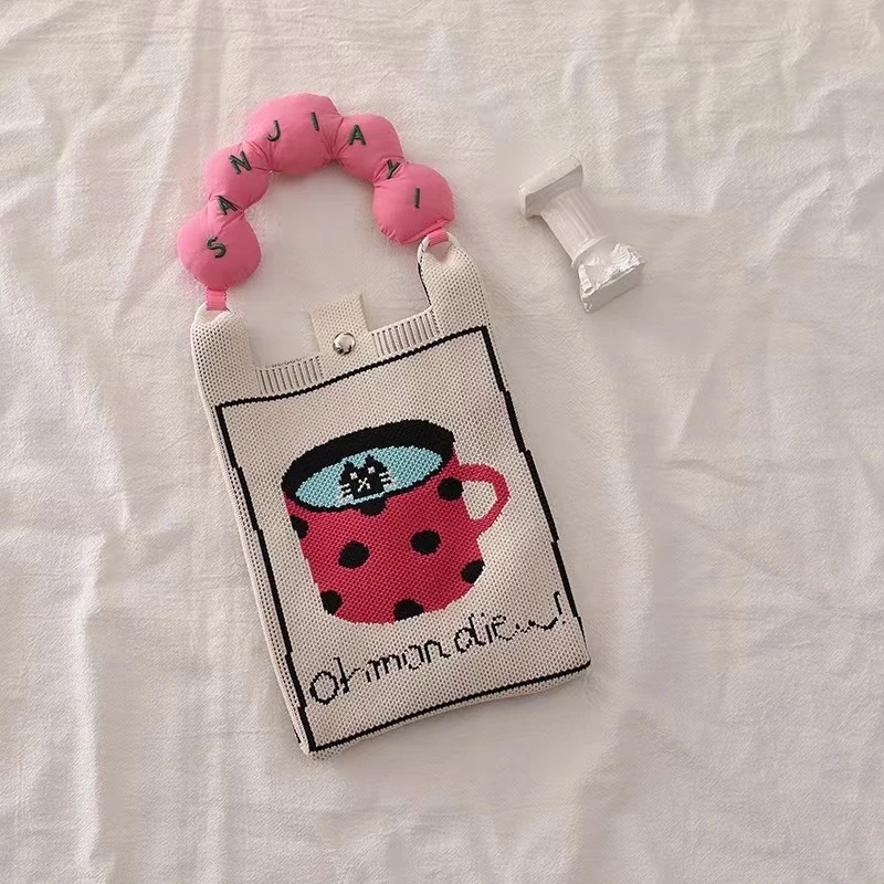 手柄手提包可爱卡通迷你针织手机包百搭小巧便携通勤斜挎小方包