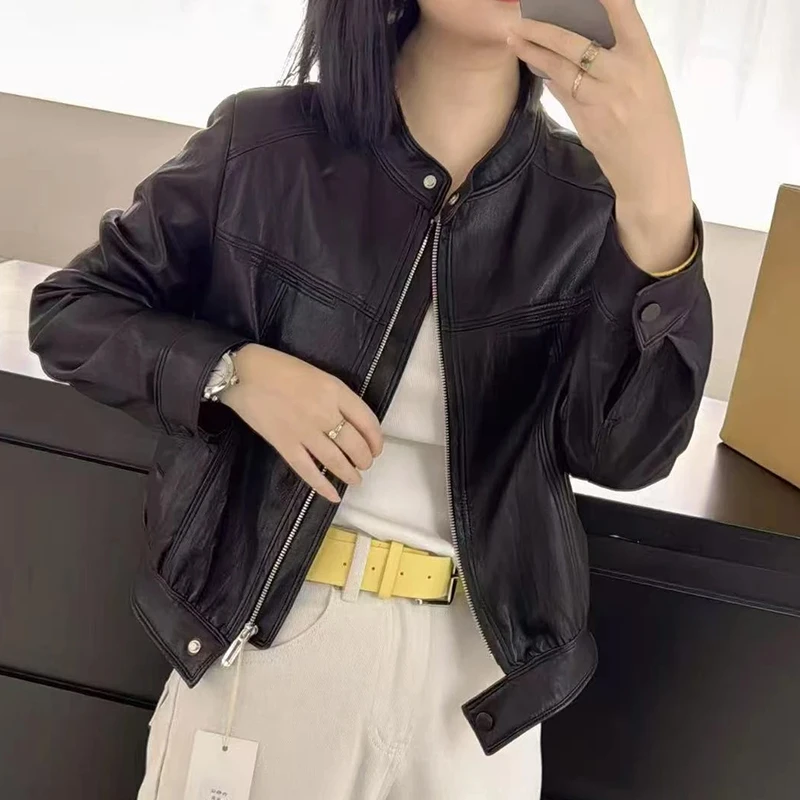 2025早春新款时尚立领皮衣外套女宽松显瘦时尚百搭休闲夹克上衣女