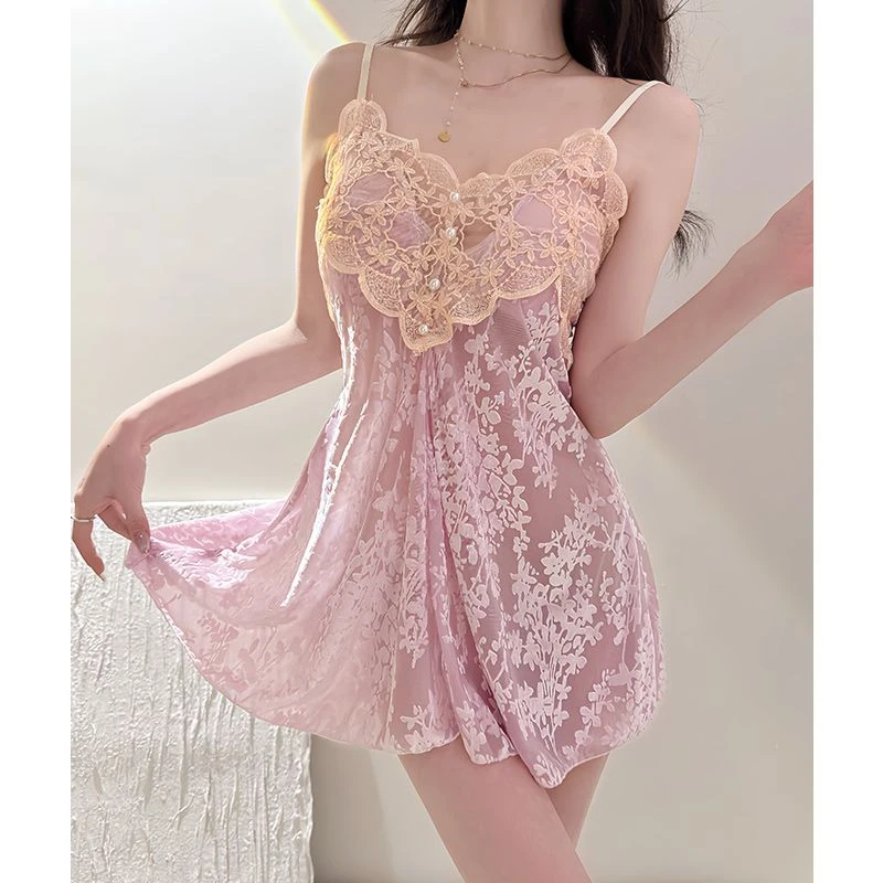 夏季冰丝睡裙女吊带无袖带胸垫粉色性感纯欲甜美爱心高级感家居服
