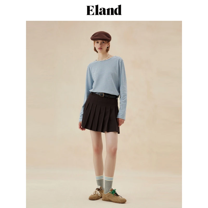 【女装优选WL】Eland衣恋长袖T恤女圆领经典条纹打底衫EELAE49E01