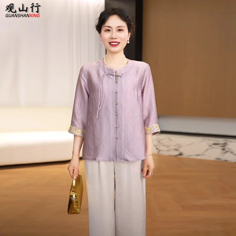 中年妈妈夏装衬衣套装2025新款洋气中老年女装国风上衣裤子两件套