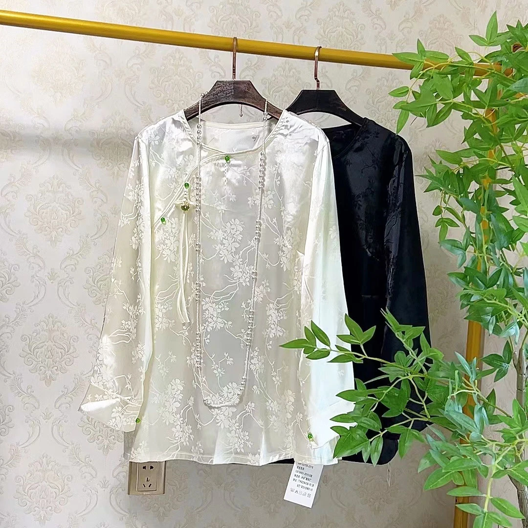 大聪秋季新款新中式国风缎面提花打底衫胖妹妹200斤百搭上衣8035