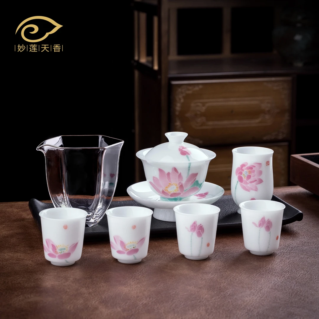 妙莲天香手绘高档《清莲》茶具套装中式家用高端陶瓷功夫茶具送礼