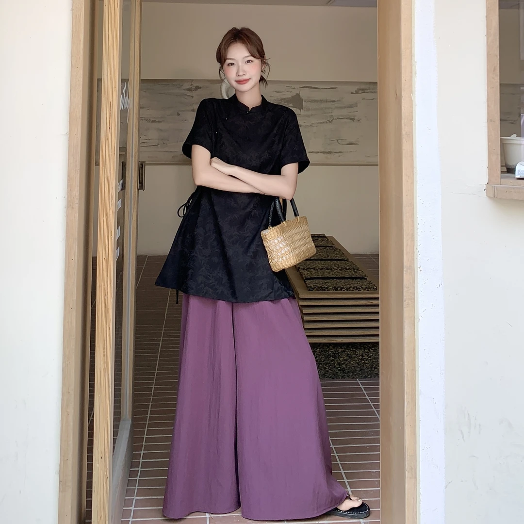 黑色国风新中式复古轻熟上衣套装女夏爆款紫色宽松阔腿裙裤两件套